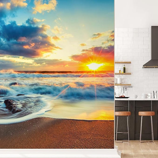 wall26 Beautiful Cloudscape Over The Sea, Sunrise Shot Removable Wall Mural Self-Adhesive Large Wallpaper - 132x96 inches