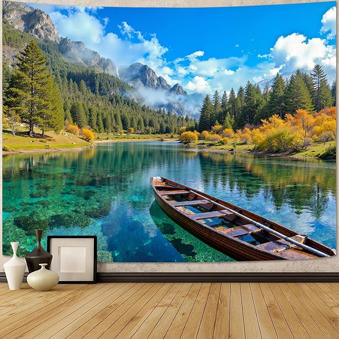 Zussun Nature Mountain Forest Tapestry Green Pine Tree Wall Tapestry for Bedroom Aesthetic Stream Boat Landscape Large Tapestries Wall Hanging for Dorm Living Room Decor 80 x 60 Inch