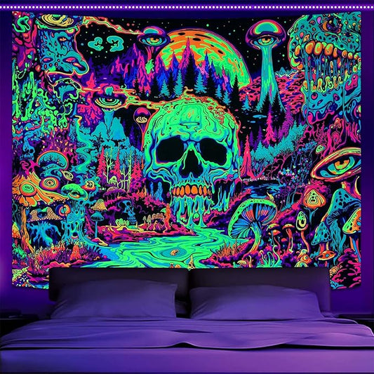 Zussun Blacklight Hippie Skull Mushroom Tapestry for Bedroom Aesthetic Hippy Forest Skeleton Monster Tapestries Wall Hanging Glow in The Dark Wall Tapestry for Living Room Dorm 48 × 36 Inch