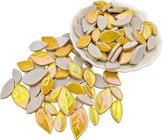 500g/1.1lb Leaf-Shaped Ceramic Mosaic Tiles,Ceramic Mosaic Pieces for Crafts,Mosaic Tiles for Home Decoration or DIY Crafts,Mosaic Making Supplies. (Iridescent Yellow)