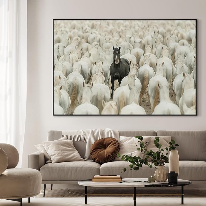 46"x72" XL Framed Wall Art - Unique Black Horse Amidst White Herd Animal (Frame Assembly Required)