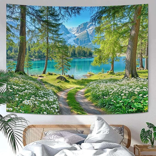 Zussun Nature Mountain Forest Tapestry Daisy Flower Path Turquoise Lake Tapestry for Bedroom Aesthetic Snowy Mountain Landscape Small Tapestries Wall Hanging for Dorm Living Room Decor 48 x 36 Inch