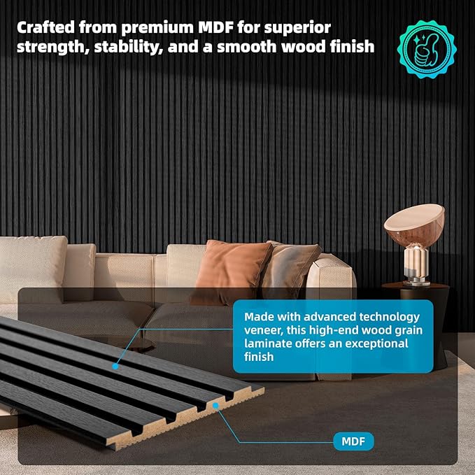 Art3d 6-Pieces Wood Slat Panels for Stylish Interior Decor and Ceiling Decoration, MDF 3D Textured Panel for Ceiling and Wall,Size 94.6 x 7.4 in-Matte Black