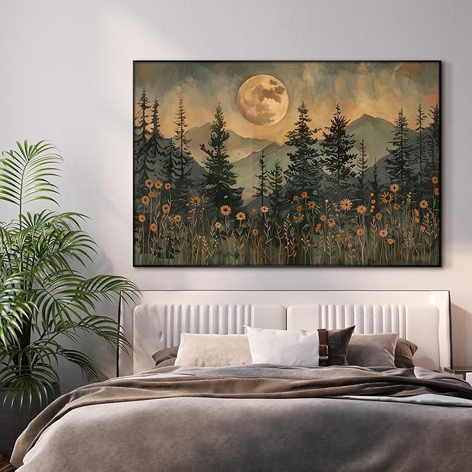 46"x72" XL Framed Wall Art - Enchanted Forest Nightscape with Moon Nature (Frame Assembly Required)