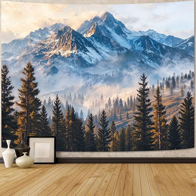 Zussun Nature Forest Mountain Tapestry Misty Pine Tree Woodland Wall Tapestry for Bedroom Aesthetic Snowy Mountain Landscape Large Tapestries Wall Hanging for Dorm Living Room Decor 80 x 60 Inch