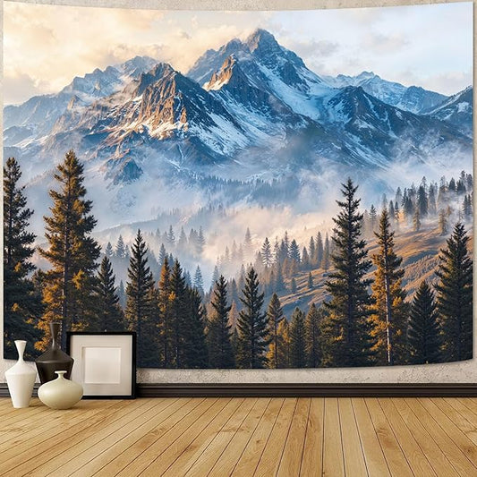 Zussun Nature Forest Mountain Tapestry Misty Pine Tree Woodland Wall Tapestry for Bedroom Aesthetic Snowy Mountain Landscape Large Tapestries Wall Hanging for Dorm Living Room Decor 80 x 60 Inch