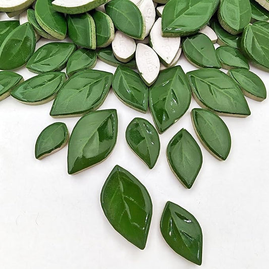 500g/1.1lb Leaf-Shaped Ceramic Mosaic Tiles,Ceramic Mosaic Pieces for Crafts,Mosaic Tiles for Home Decoration or DIY Crafts,Mosaic Making Supplies. (Dark Green)