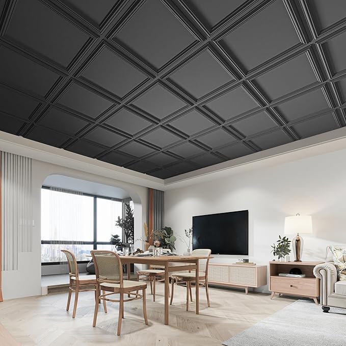 Art3d 12-Pack Drop Relief Ceiling Tiles for Home, Office & Commercial Space, 24 x 24in PVC Waterproof 3D Wall Panels Cover 48 Sq. Ft, Black