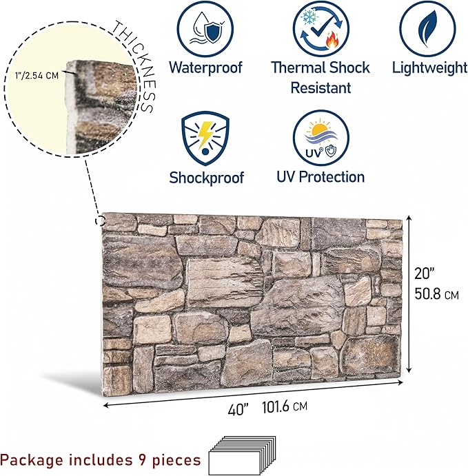 3D Faux Brick Wall Panels (2-Pack) - Easy DIY Install with Adhesive - Lightweight Styrofoam Stone Cladding for Interior & Exterior Slate - 40"x20"