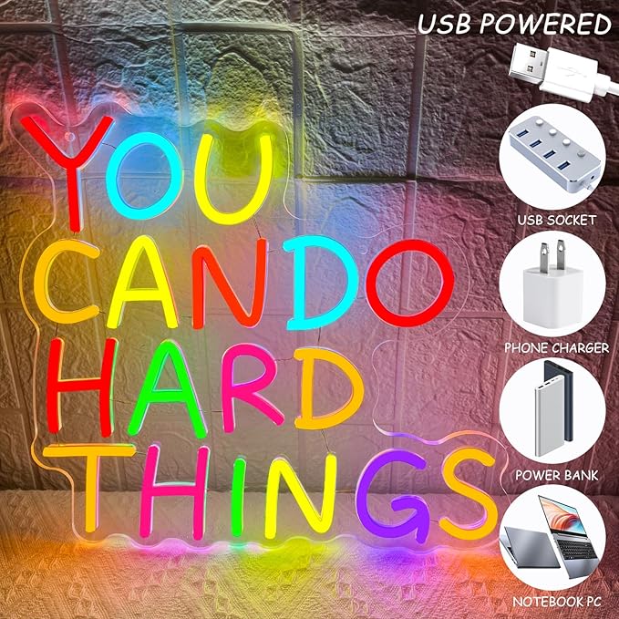 You Can Do Hard Things Neon Sign,Motivational LED Signs for Wall Decor,USB Powered Dimmable Neon Light for Classroom Office Library Kids Wall Art Bedroom Game Room Birthday Party Backdrop Decoration