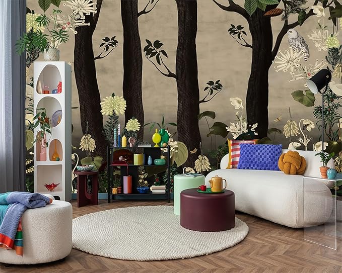 YIHWM -Tropical Botanical Birds and Flowers Dark Backdrop Large Fabric Wallpaper Plant Animals Jungle Bedroom Bathroom Wall Mural- 91"x65"（ not Peel and Stick）