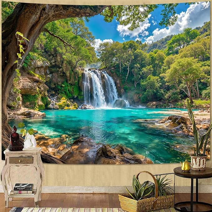 Zussun Nature Forest Tree Tapestry Flowing Waterfall Green Jungle Tapestry for Bedroom Aesthetic Teal Lake Landscape Large Tapestries Wall Hanging for Dorm Living Room Decor 80 x 60 Inch