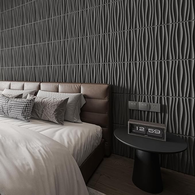 Art3d 24-Pack 3D Wall Panels for Interior Home Décor, PVC Wavy Textured Accent Wall Paneling for Living Room Bedroom TV Backdrop Office, 15.7 x 11.8 Inch - Black