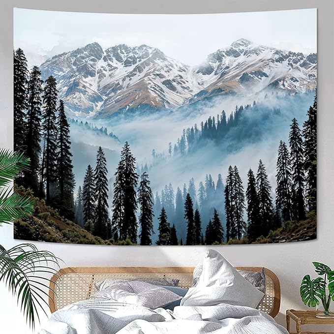 Zussun Nature Mountain Forest Tapestry Pine Tree Jungle Wall Tapestry for Bedroom Aesthetic Misty Snowy Landscape Small Tapestries Wall Hanging for Dorm Living Room Decor 48 x 36 Inch