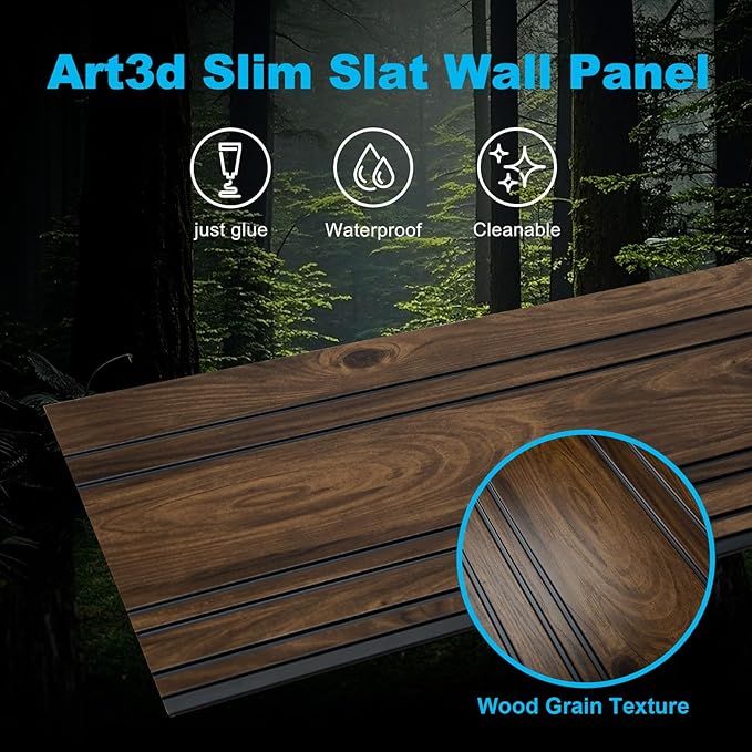Art3d 4-Pack Glue-On Wall Panels, Wood Grain Texture Interior Wall Decor, 104"x12" Recycled Polystyrene Wainscoting Panels, Low Emission for Living Room Bedroom,Natural Walnut