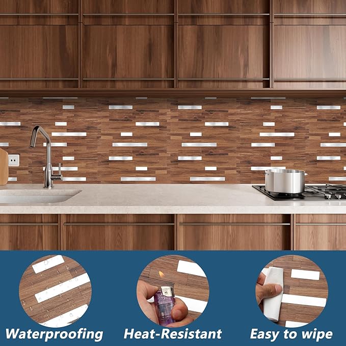 Yipscazo 20 Sheets PVC Wall Tiles Stick on Tiles for Backsplash Kitchen, Bathroom, Laundry Room, Camper, Fireplace (6'' X 12'', Brown Wood)