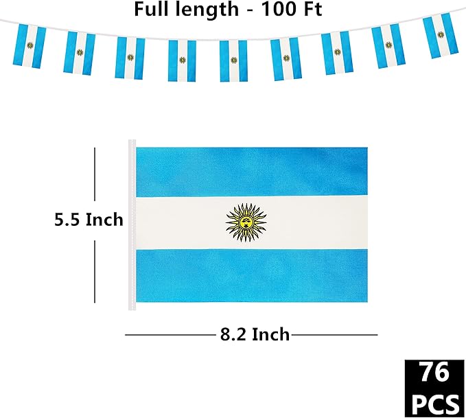 100 Feet Argentina Argentine Banner Flag String, Argentina Mini Flag Small Banner, for Party, Shops and Bars Decorations, Outdoor Decorations, 76 Flags