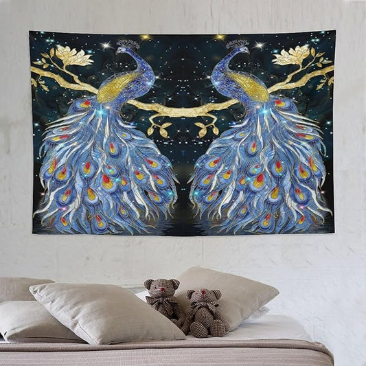 ZhiRain Elegant Peacock Tapestry Wall Hanging Exotic Fantastic Animal with Glitter Starry Sky Modern Tapestries Home Decor for Living Room Bedroom Farmhouse Apartment Dorm 60"x90"