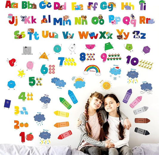 68 PCS Alphabet & Letters Wall Decals, Self-Adhesive Vinyl Stickers-Letter, Weather, Number, Animal, Shape & Color, Educational ABC Letter Room Decors for Playroom, Classroom, Bedroom, Nursery, Wall
