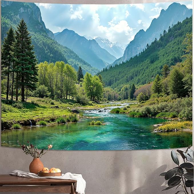 Zussun Nature Mountain Forest Tapestry Sage Green Tree Stream Wall Tapestry for Bedroom Aesthetic Lush Woodland Landscape Small Tapestries Wall Hanging for Dorm Living Room Decor 48 x 36 Inch