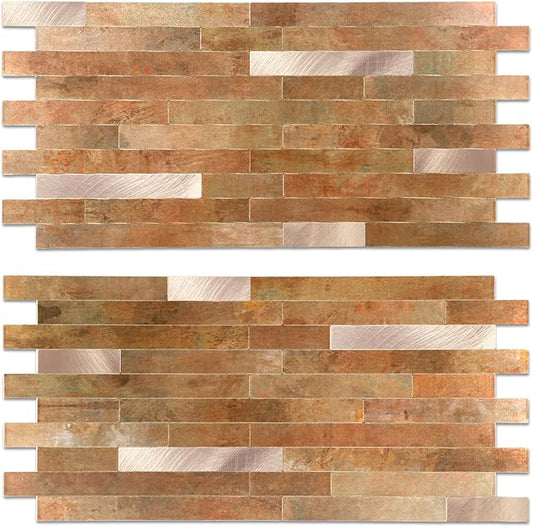Yipscazo 20 Sheets PVC Wall Tiles Stick on Tiles for Backsplash Kitchen, Bathroom, Laundry Room, Camper, Fireplace (6'' X 12'', Copper Metal)