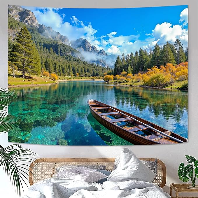 Zussun Nature Mountain Forest Tapestry Green Pine Tree Wall Tapestry for Bedroom Aesthetic Stream Boat Landscape Small Tapestries Wall Hanging for Dorm Living Room Decor 48 x 36 Inch