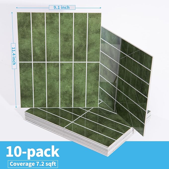 Art3d 10-Sheet Faux Marble Peel and Stick Backsplash Tile for Kitchen Wall Bathroom Countertops, 11.4 inch x 9.1 inch Stick-on Glazed-Ceramic Finish Resist to Water, Heat and Scratches, Green