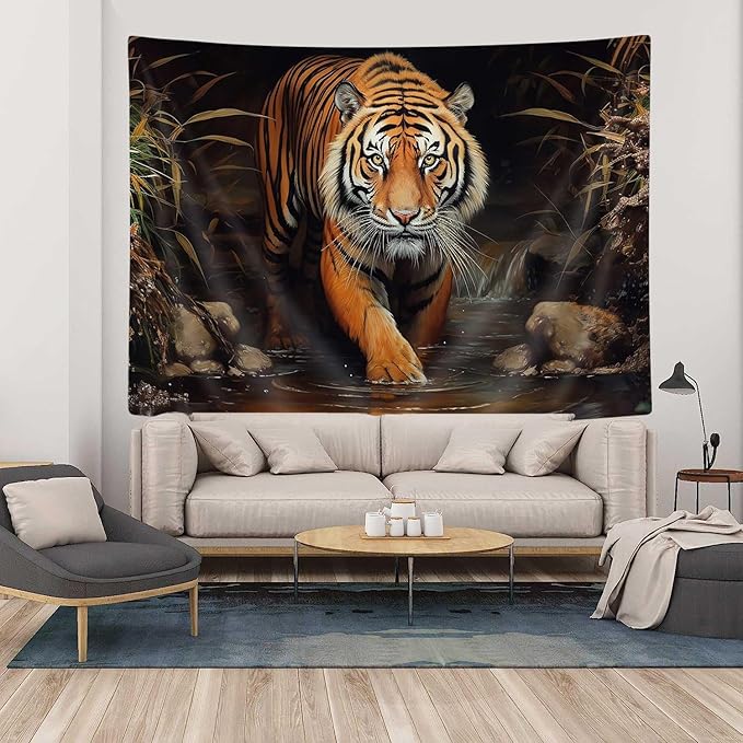 YDIDIAN Tiger Wall Art, Jungle King of The Forest, Stream Side Majestic Tiger Art Aesthetics - Wall Decor Tapestry for Home, College Dorm, Living Room - Panels 70 x 60IN