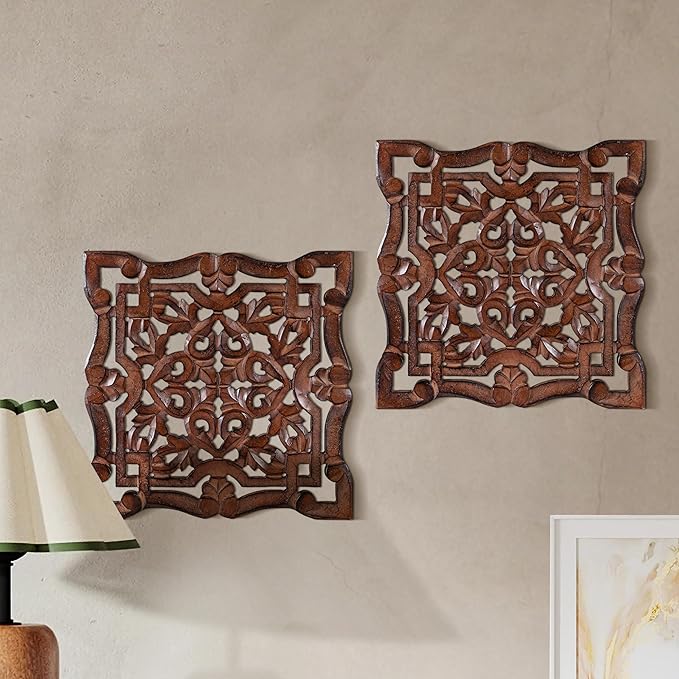 Woodify Hand-Carved Wooden Wall Décor – Set of 2, 12" x 12" Decorative Wood Panels, Floral Design, Natural Burnt Finish, Wall Art for Living Room & Home Décor