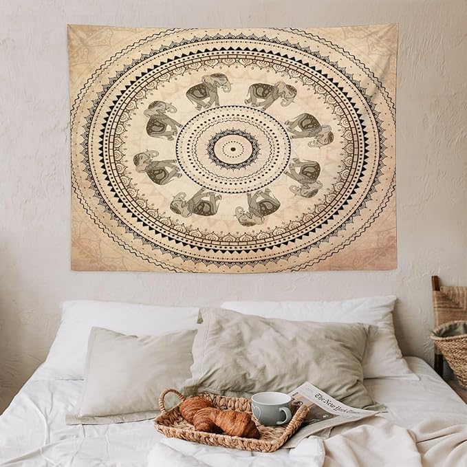 AAVEUP Indian Hippie Bohemian Psychedelic Tapestry Bohemian Brown Abstract Geometric Mandala Flower Vintage Elephant Texture Tapestries for Bedroom Dorm Living Room Decor 30x30in