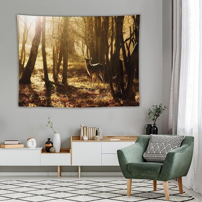ZhiRain Forest Tapestry Wall Hanging Natural Forest And Deer at Sunset Pattern Tapestries Home Decor for Living Room Bedroom Apartment Farmhouse Dorm 60"x80"