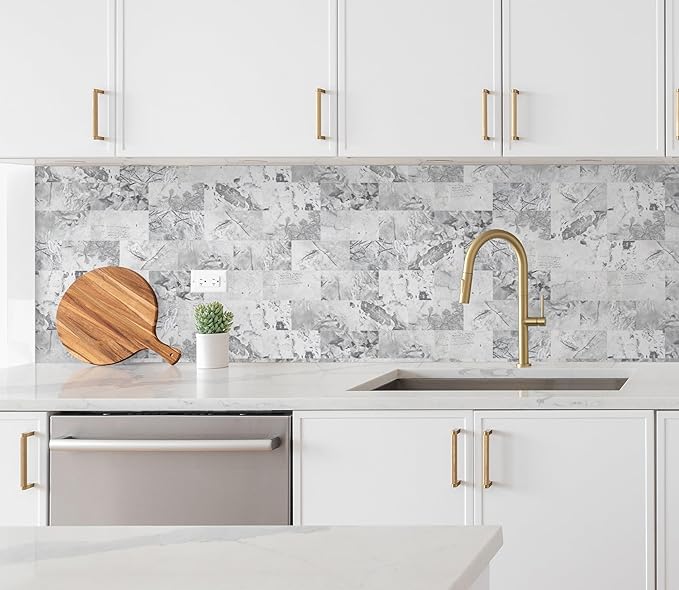 Yipscazo Peel and Stick backsplash 3 x 6 Inches 3D PVC Composite Wall Tile Stick on Backsplash Tile for Kitchen Bathroom, Laundry Room, Fireplace(Gray Granite, 100 Pieces)