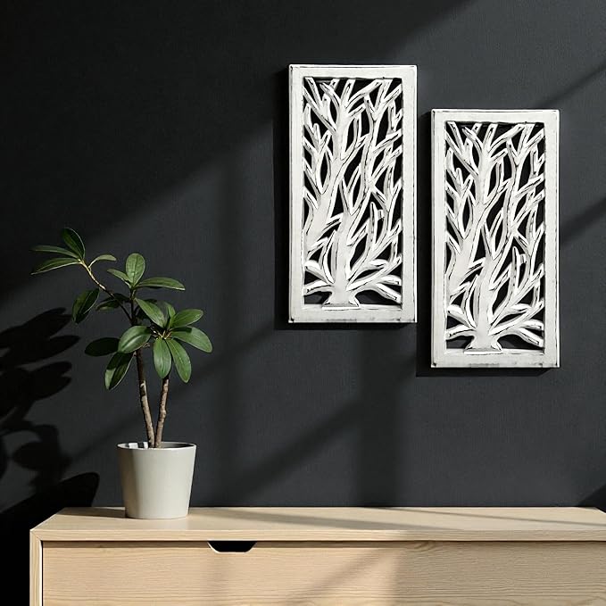 Wood Wall Art - Wall Panels in Handcrafted Carved Wood For Livingroom Bedroom,Dining room,Elegant Decorative Wall Art for Home & Office 8x16" Set of 2 White Antique_Tree Leaf Designs