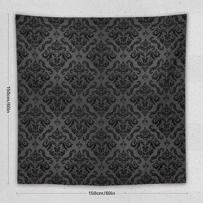 ZhiRain Black Damask Floral Tapestry Wall Hanging Vintage Classic Flower Pattern Printed Tapestries Home Decor for Living Room Bedroom Farmhouse Apartment Dorm 60"x60"