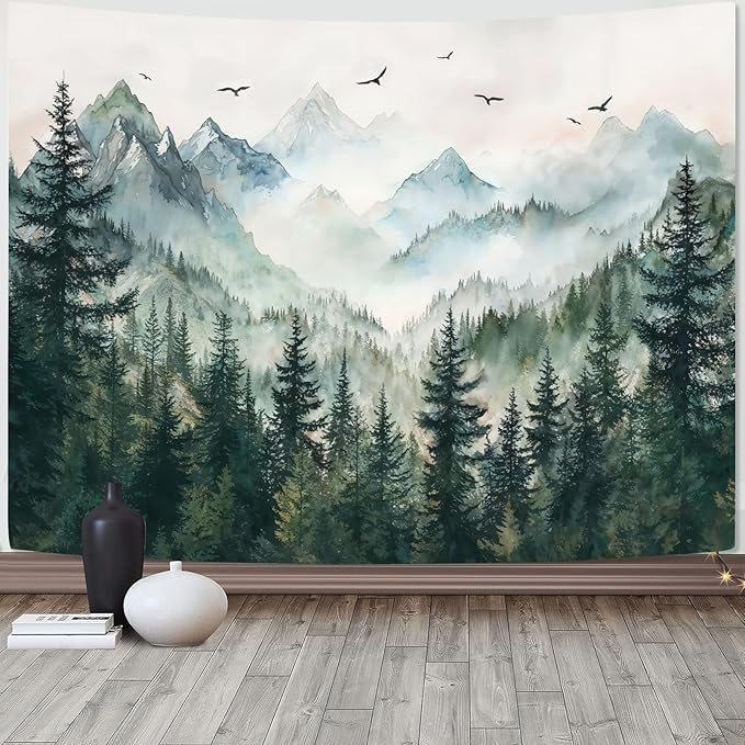 Zussun Misty Forest Mountain Tapestry Sage Green Nature Pine Tree Tapestry for Bedroom Aesthetic Watercolor Foggy Woodlands Birds Landscape Tapestries Wall Hanging for Living Room Dorm 48 x 36 Inch