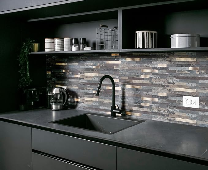 Yipscazo 10 Sheets Peel and Stick Stone Metal Backsplash, PVC Wall Tiles Stick on Tiles for Backsplash Kitchen, Bathroom, Fireplace (6'' X 12'', Ecru Rustic)