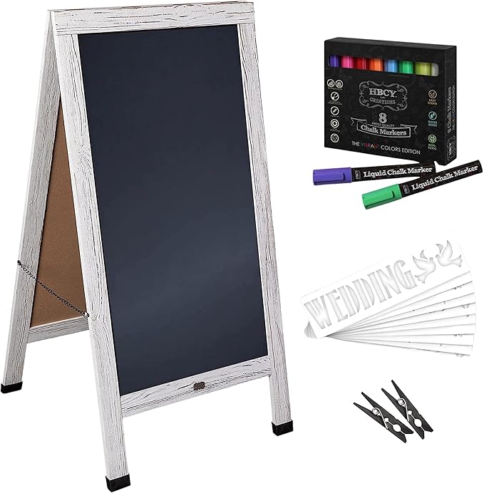 A Frame Chalkboard by HBCY Creations: 24x48 Solid Wood A-Frame Sign Whitewashed Double-Sided Magnetic Board, Chalkboard Menu Board, for Restaurants, Cafés, Weddings - Heavy Duty Hinges