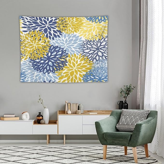 ZhiRain Blue Yellow Floral Tapestry Wall Hanging Boho Dahlia Chrisanthemum Flowers Pattern Tapestries Home Decor for Living Room Bedroom Farmhouse Apartment Dorm 30"x40"
