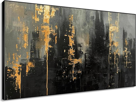 46"x72" XL Framed Wall Art - Modern Black and Gold Urban Wall Art (Frame Assembly Required)