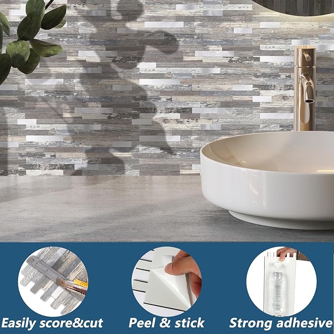 Yipscazo 2026 New Upgrade Peel and Stick Stone Metal Backsplash, PVC Wall Tiles Stick on Tiles for Backsplash Kitchen, Bathroom (20 Sheets, Light Wood)