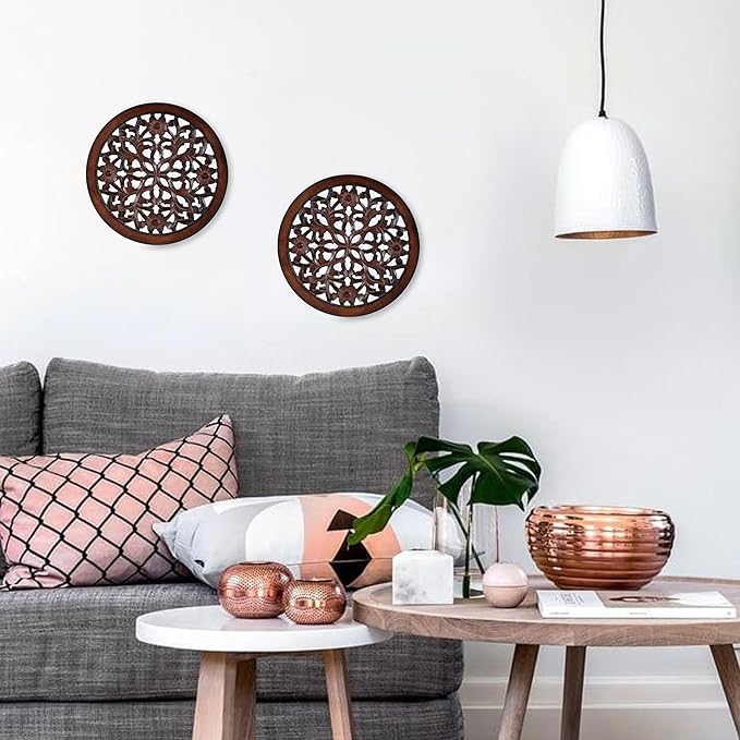 Woodify Hand-Carved Wooden Wall Décor – Set of 2, 12" x 12" Decorative Wood Panels, Floral Design, Natural Burnt Finish, Wall Art for Living Room & Home Décor