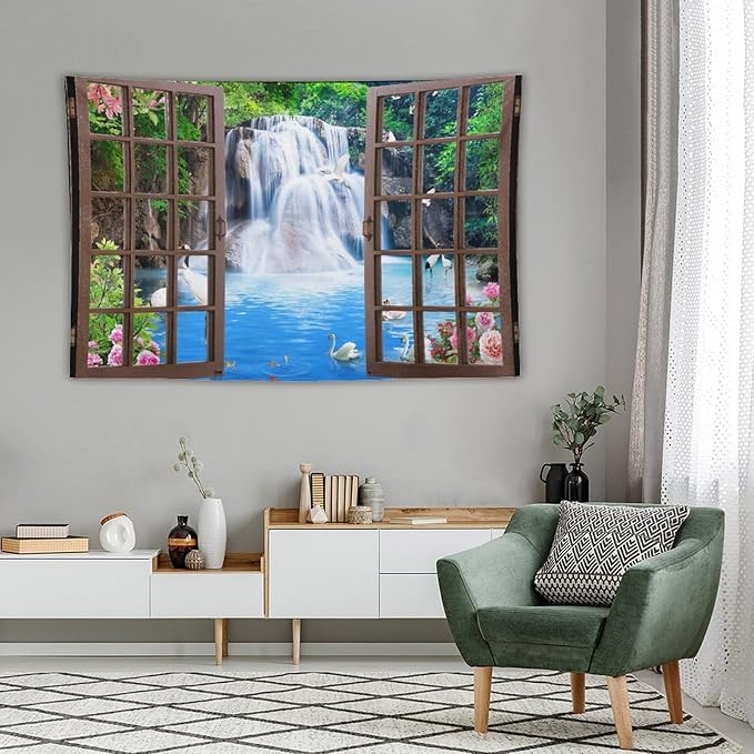 ZhiRain Waterfall Landscape Tapestry Wall Hanging Natural Forest Garden Trees And Roses Flower Scenery Tapestries Home Decor for Living Room Bedroom Apartment Farmhouse Dorm 40"x60"