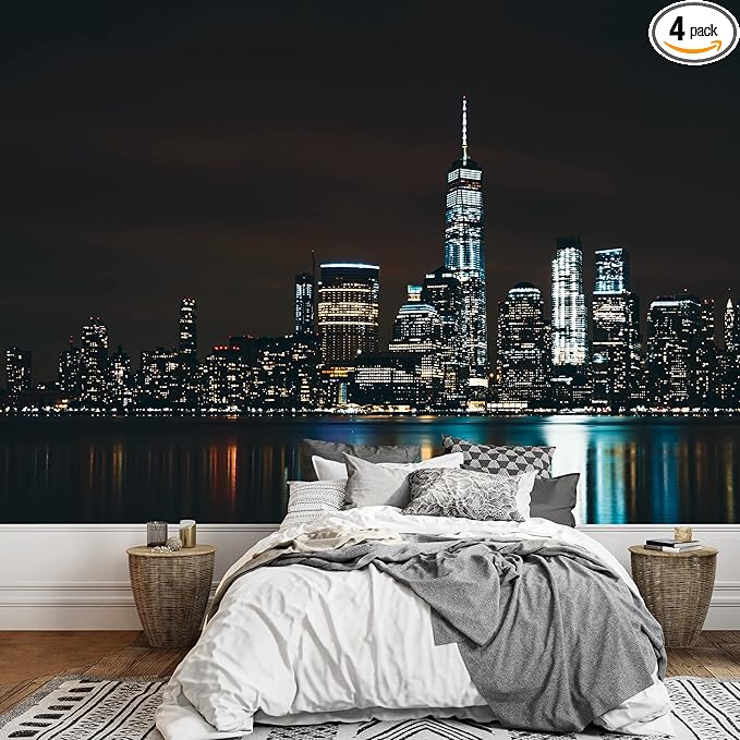 wall26 Removable Wall Sticker Wall Mural Dark Midnight City Light Reflection Cityscape Landmarks Photography Realism Urban Landscape Colorful for Living Room, Bedroom, Office - 66x96 inches