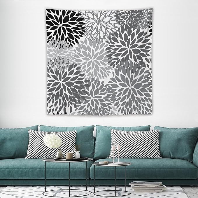 ZhiRain Black Grey Floral Tapestry Wall Hanging Boho Dahlia Chrisanthemum Flowers Pattern Tapestries Home Decor for Living Room Bedroom Farmhouse Apartment Dorm 60"x60"