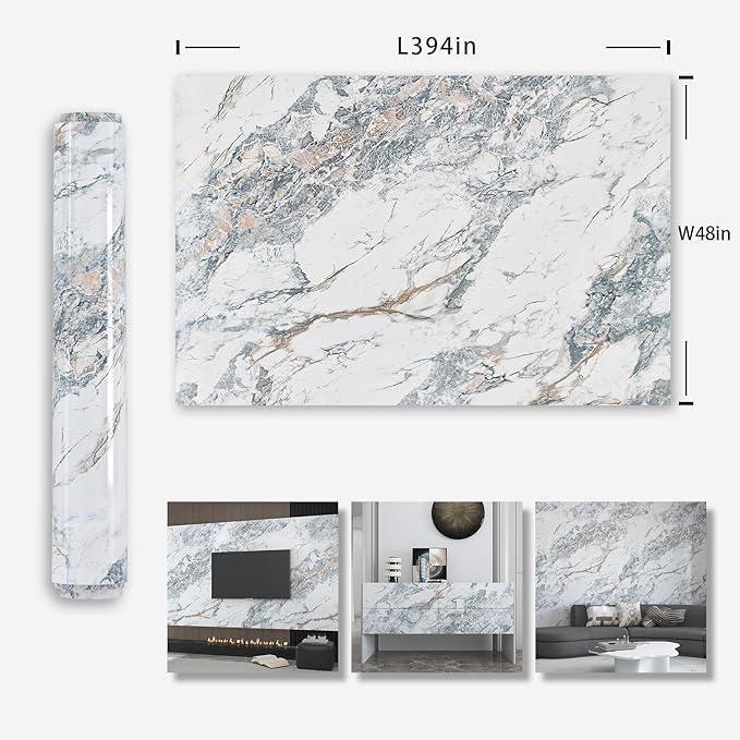394x48inch Wide White Blue Marble Paper kitchen Granite Countertops Laminate Contact Paper Waterproof peel and stick Wallpaper Removable Vinyl Wrap Bathroom Counter Wall Top Sticker Pvc Marble Papers