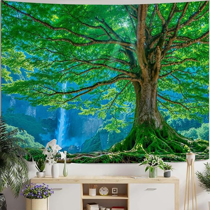 Zussun Nature Forest Mountain Tapestry Big Green Tree Tapestry for Bedroom Aesthetic Mountain Waterfall Landscape Small Tapestries Wall Hanging for Dorm Living Room Decor 48 x 36 Inch
