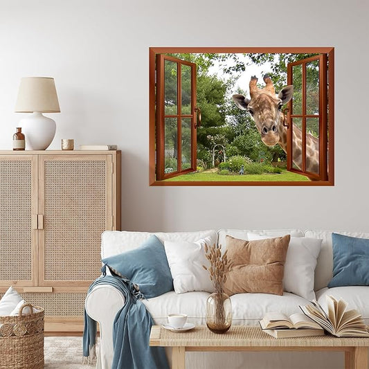 wall26 A Curious Giraffe Sticking its Head into an Open Window Removable Wall Mural - 36"x48"