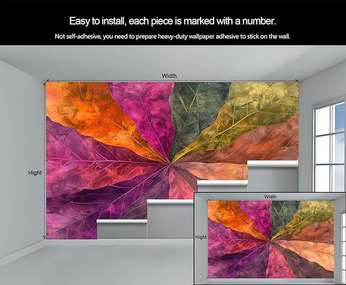 Abstract Colorful Gradient Leaves Wall Mural, Marble Texture Mural Wallpaper, Nordic Creative Art Large Wallpaper for Bedroom Living Room Dining Room Wall Decor 79" W x 55" H