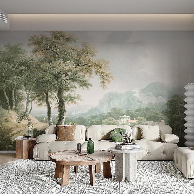 Zeeko Vintage Forest Wall Mural Peel and Stick 148"x98" Canvas Waterproof Self-Adhesive Removable Wallpaper for Bedroom Living Room Green Countryside Landscape Wall Art Decor