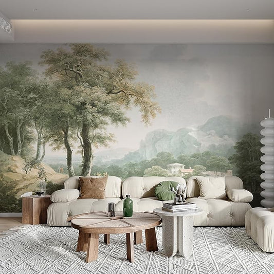 Zeeko Vintage Forest Wall Mural Peel and Stick 148"x98" Canvas Waterproof Self-Adhesive Removable Wallpaper for Bedroom Living Room Green Countryside Landscape Wall Art Decor